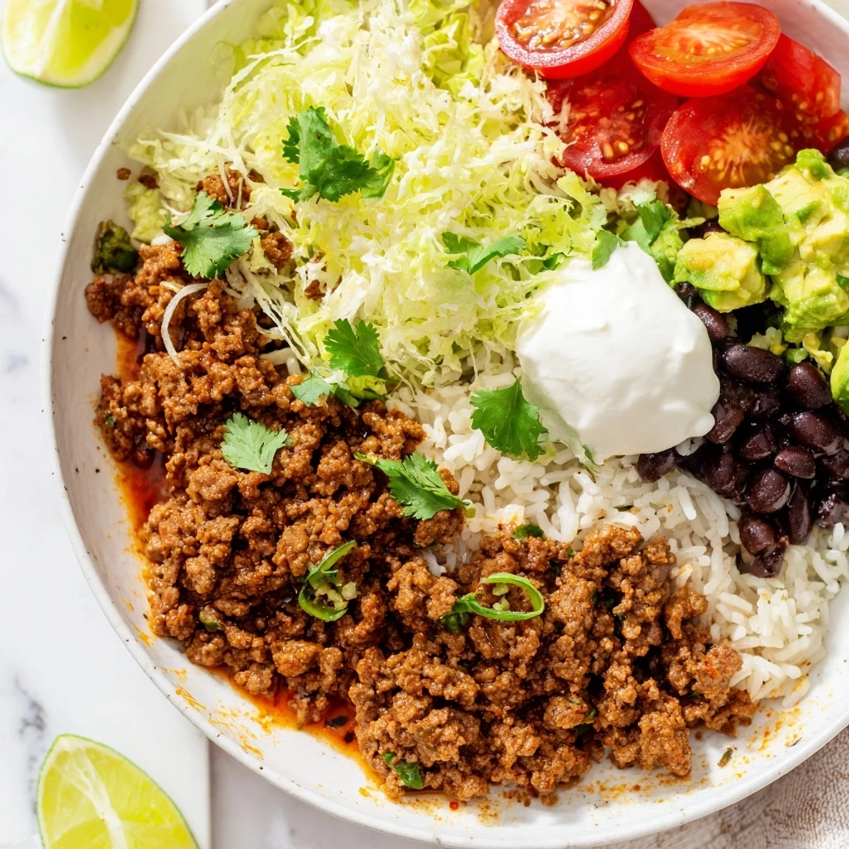 Beef Burrito Bowls with Rice and Black Beans topped with fresh avocado and melted cheese.