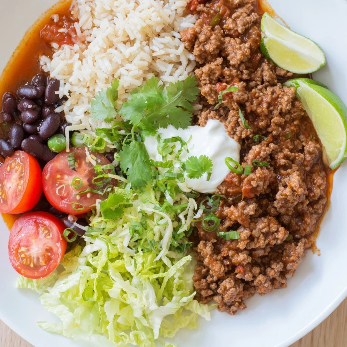 This deconstructed burrito bowl features black beans, cherry tomatoes, and zesty lime wedges for garnish.