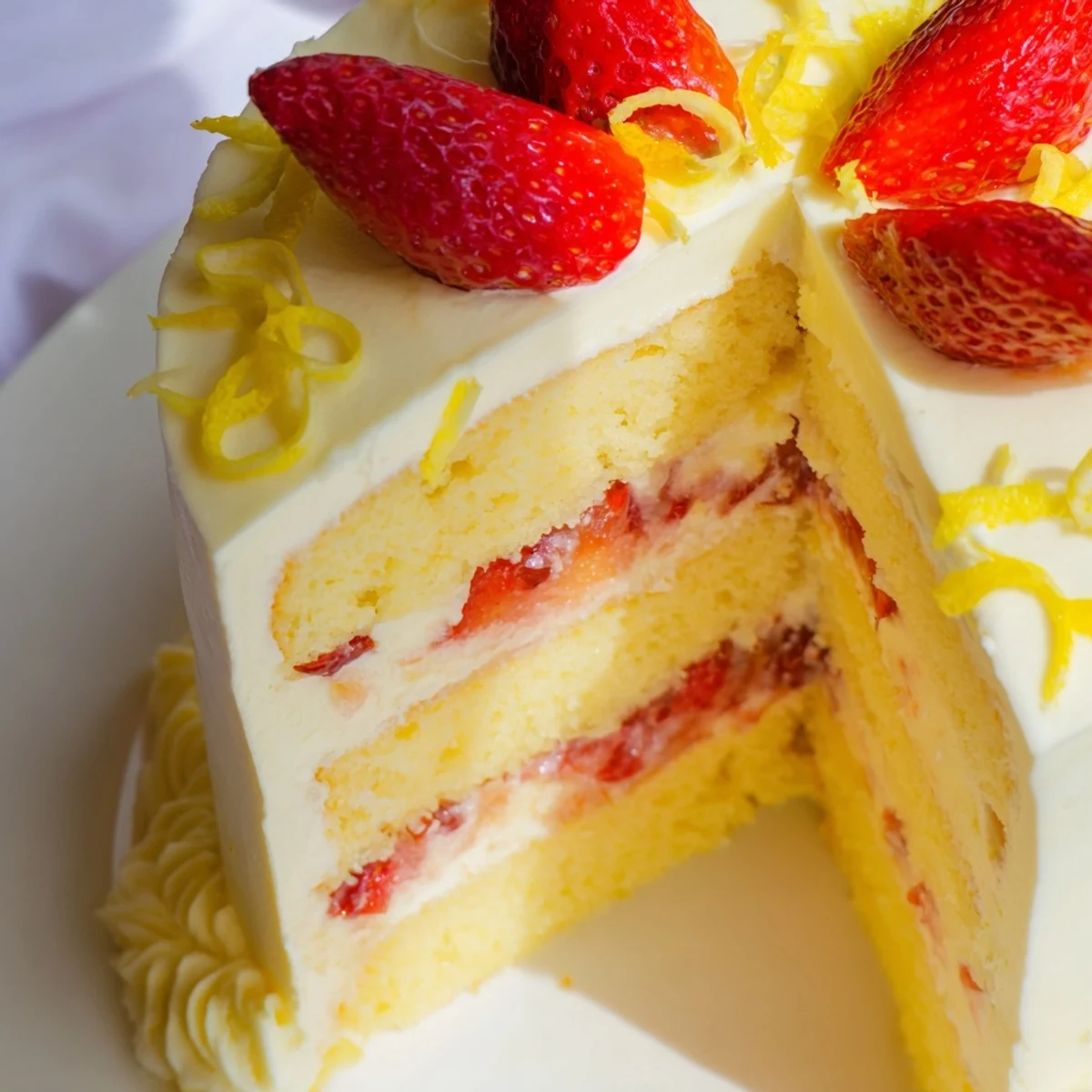 Moist lemon cake layers with pink strawberry filling and silky buttercream, the Strawberry Lemonade Layer Cake with Buttercream.