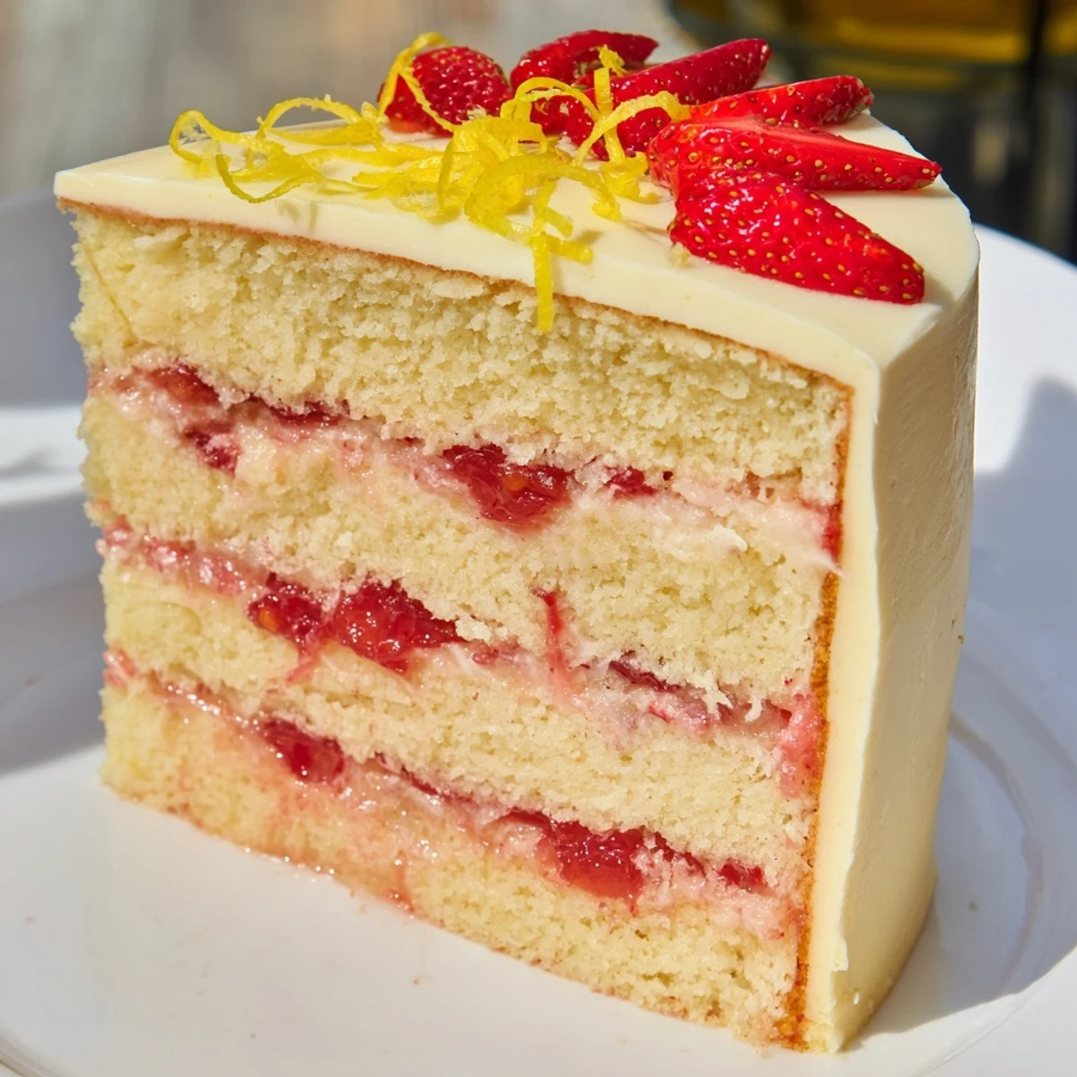 A slice of Strawberry Lemonade Layer Cake with Buttercream, fluffy frosting and fresh berries on a white plate.