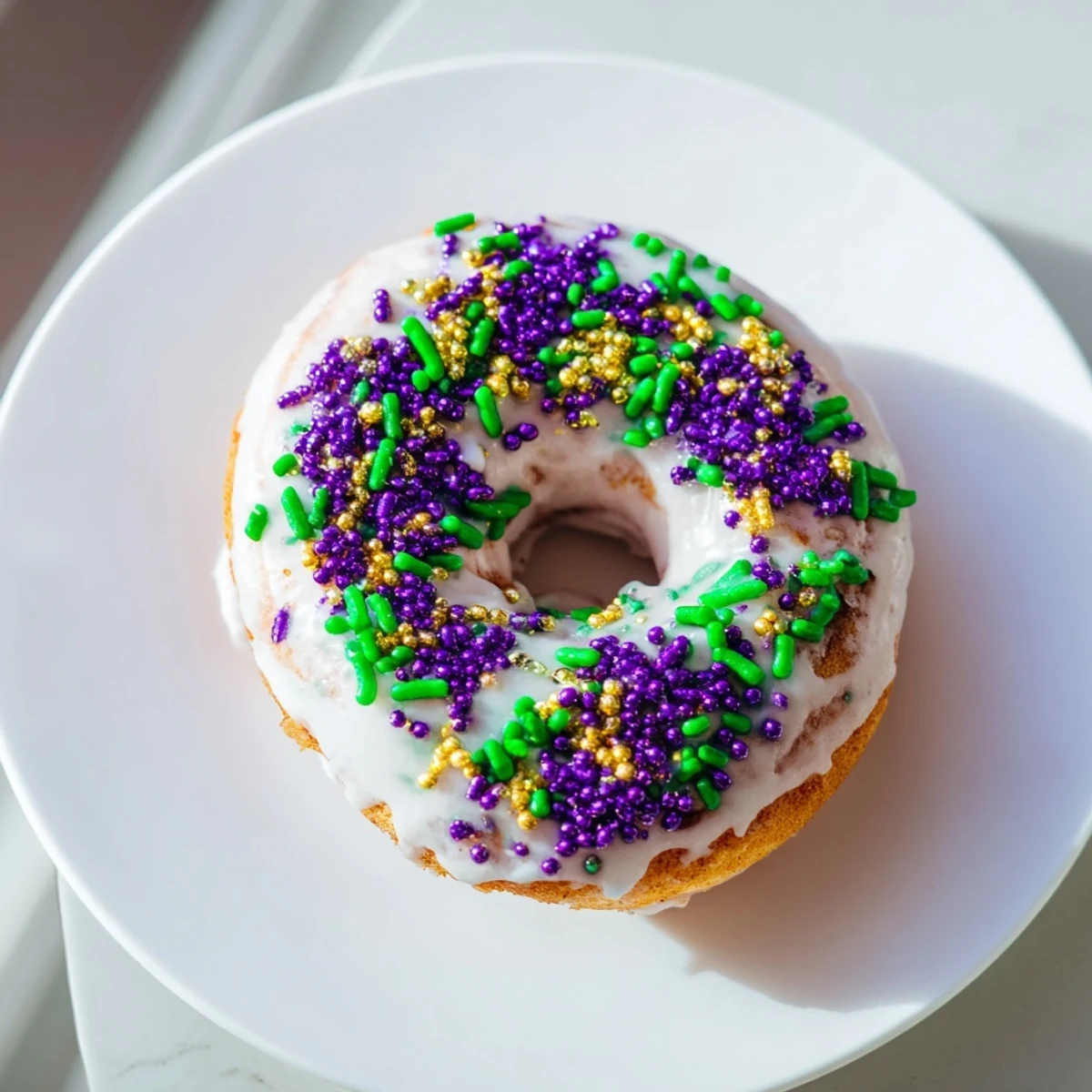 Freshly baked Mardi Gras King Cake Donuts with Sprinkles arranged on a wire rack, cooling after glazing.