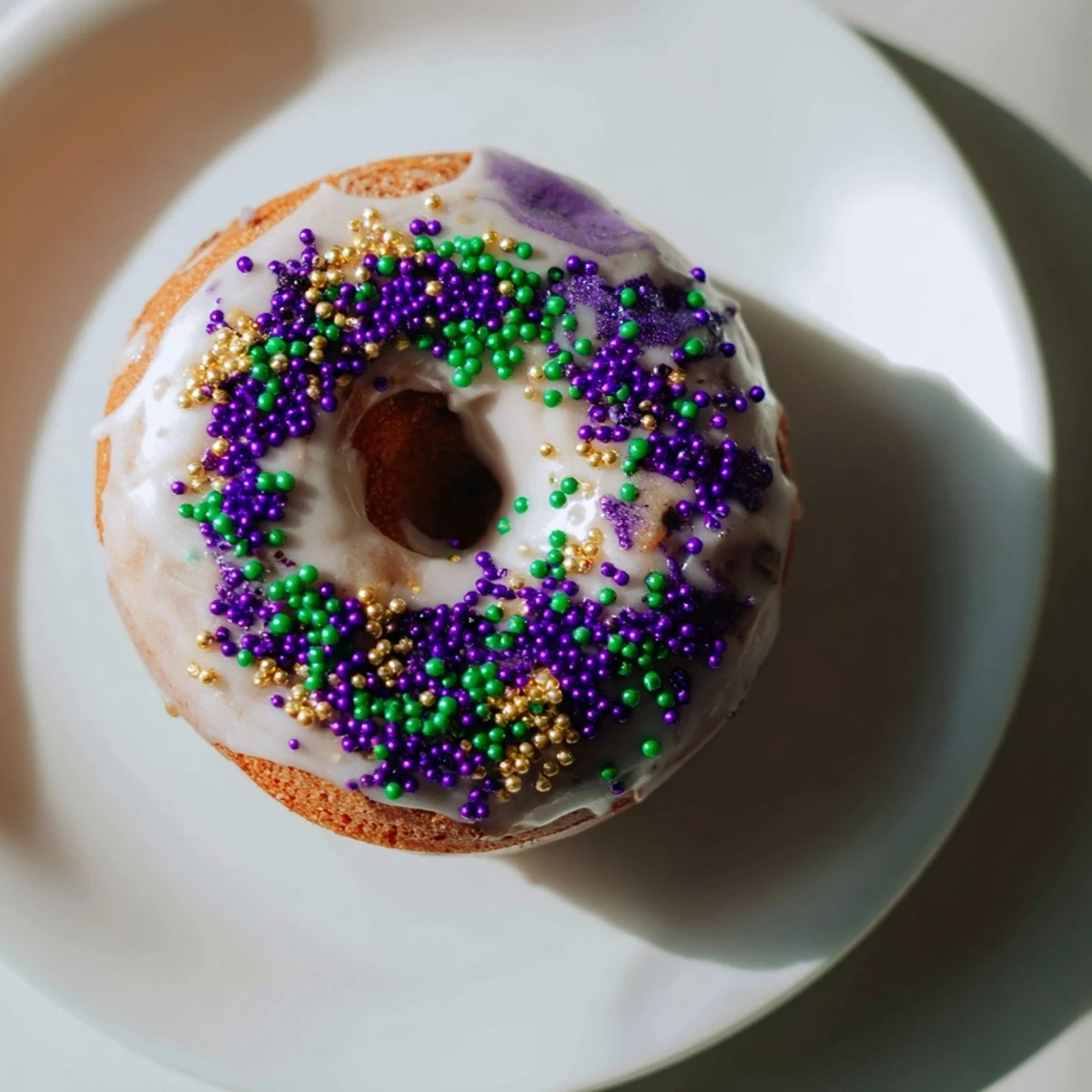 Moist Mardi Gras King Cake Donuts with Sprinkles showcasing a cinnamon swirl interior and festive colored icing.
