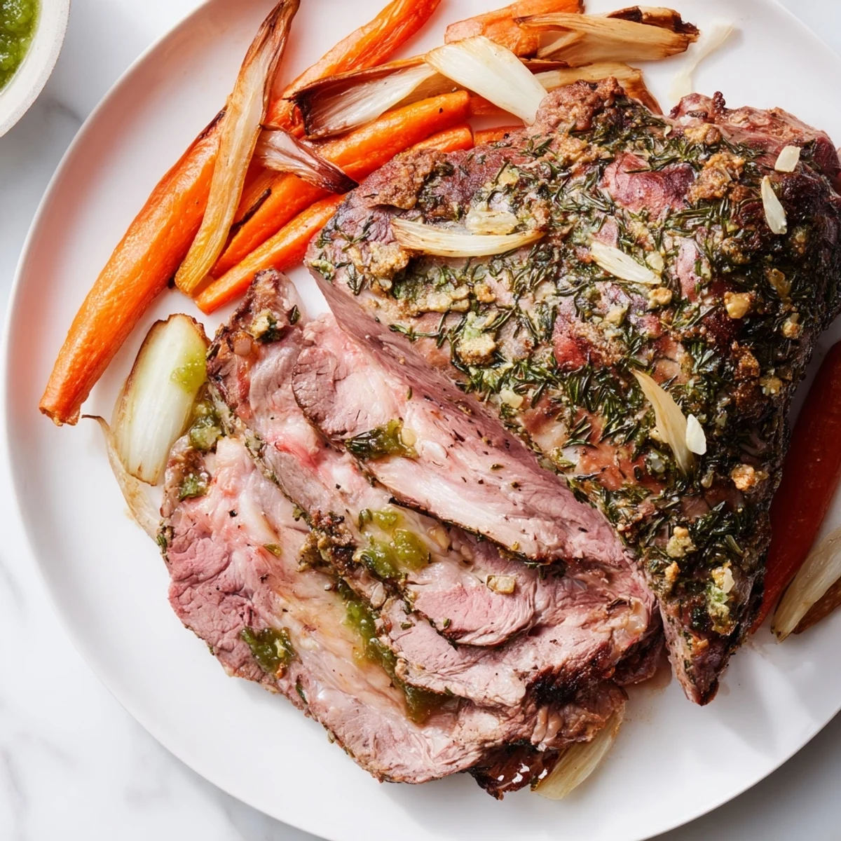 Roasted Leg of Lamb with Mint Jelly glistening on a platter, herb-crusted and juicy, with mint jelly dollop beside it.