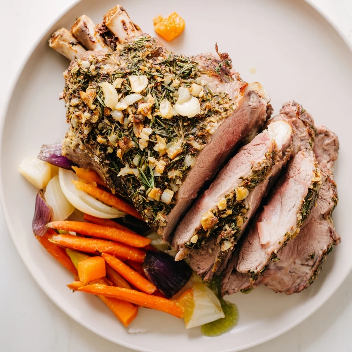 Golden Roasted Leg of Lamb with Mint Jelly rests on wooden board, flanked by roasted carrots and onions, ready to serve.