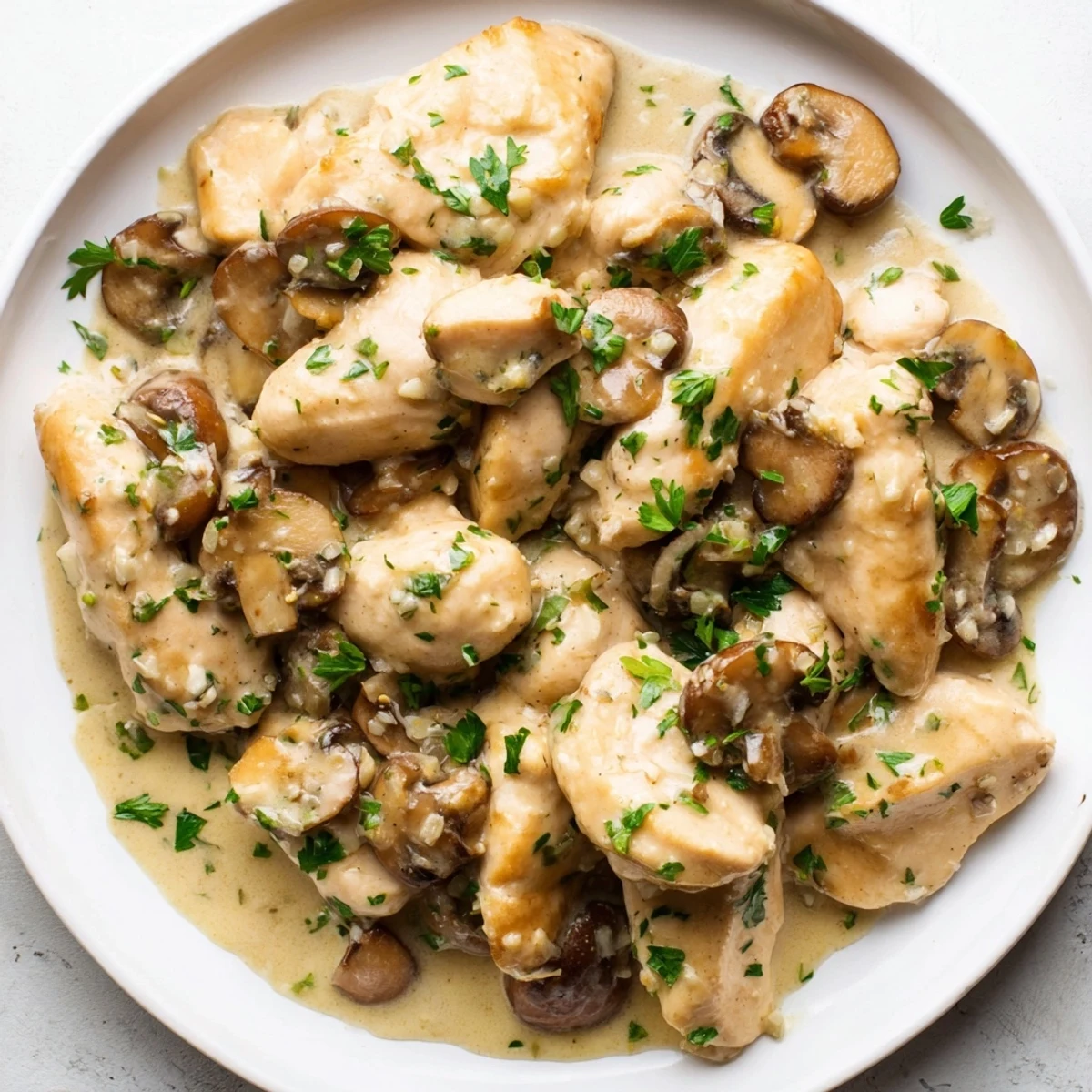 A spoon drizzles rich herb cream sauce over tender chicken and sautéed cremini mushrooms in a skillet.