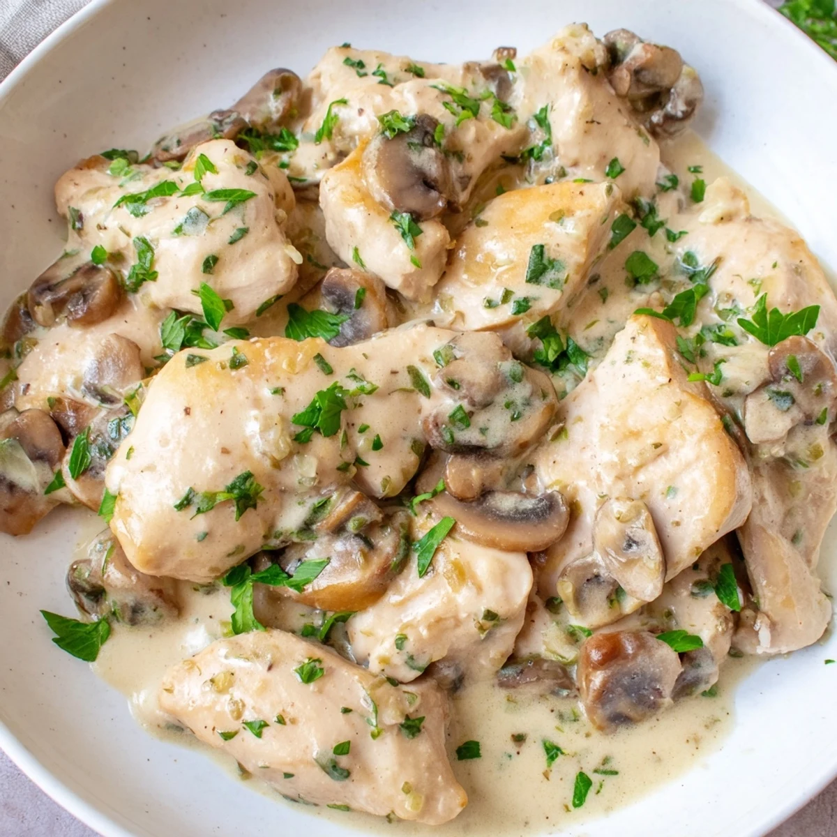 Golden-brown seared chicken breasts simmered in a creamy garlic mushroom sauce, garnished with fresh parsley.