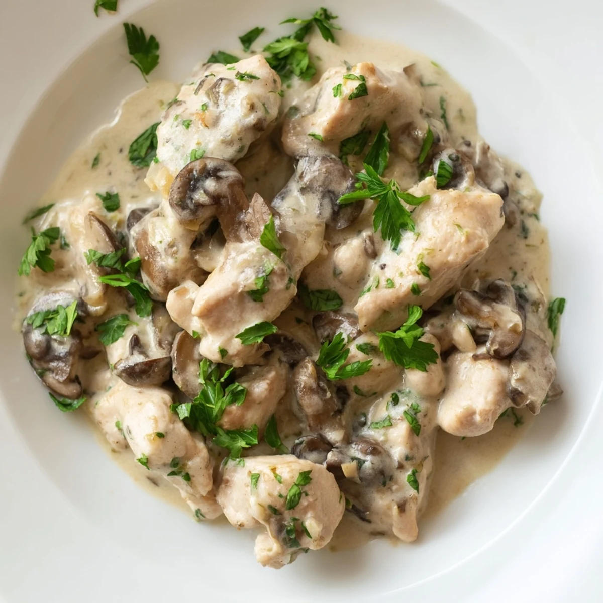 Serve Creamy Garlic Mushroom Chicken with herbs over mashed potatoes for a comforting weeknight dinner.