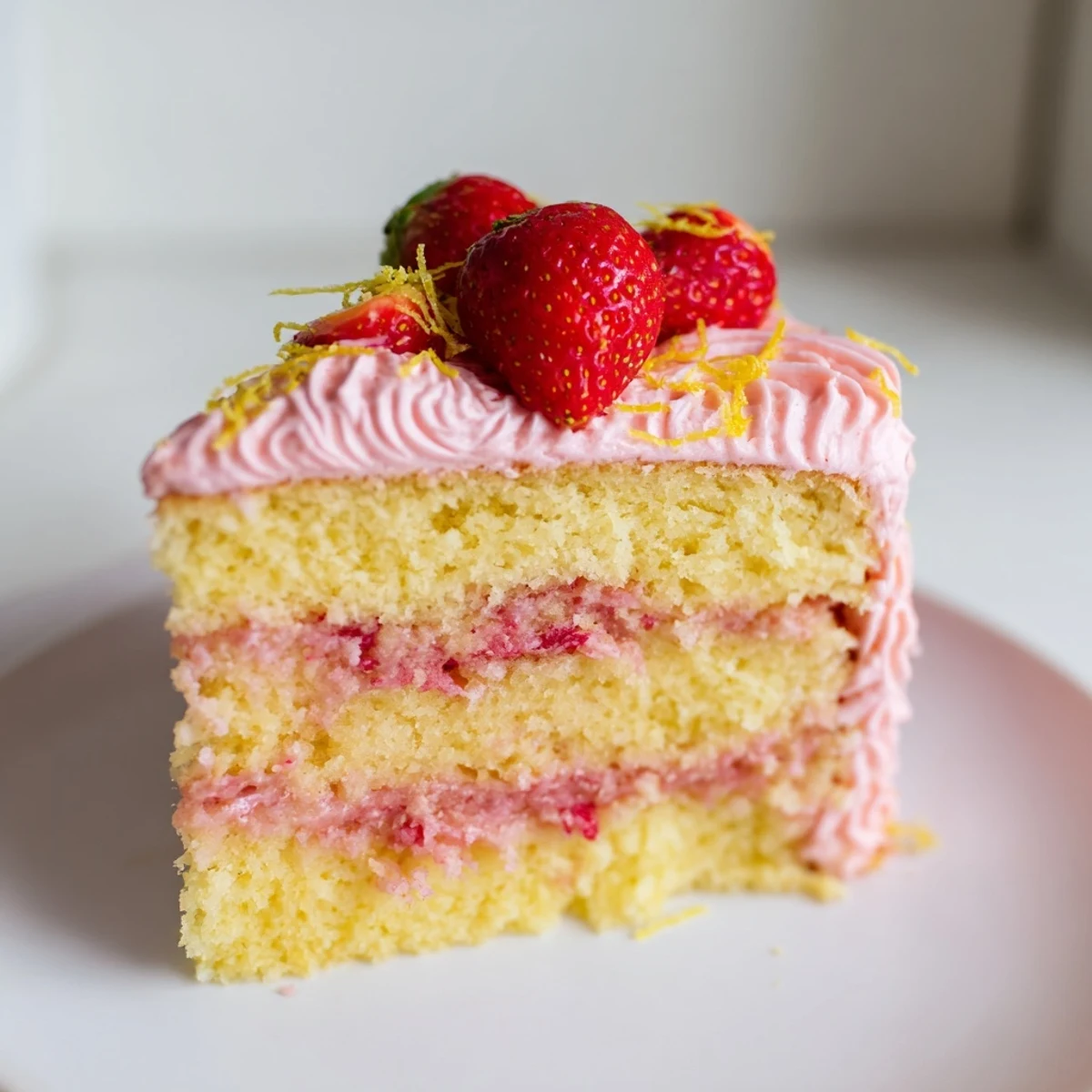 Golden-brown layers of moist lemon sponge for Strawberry Lemonade Layer Cake are stacked with vibrant pink strawberry buttercream on a marble counter.
