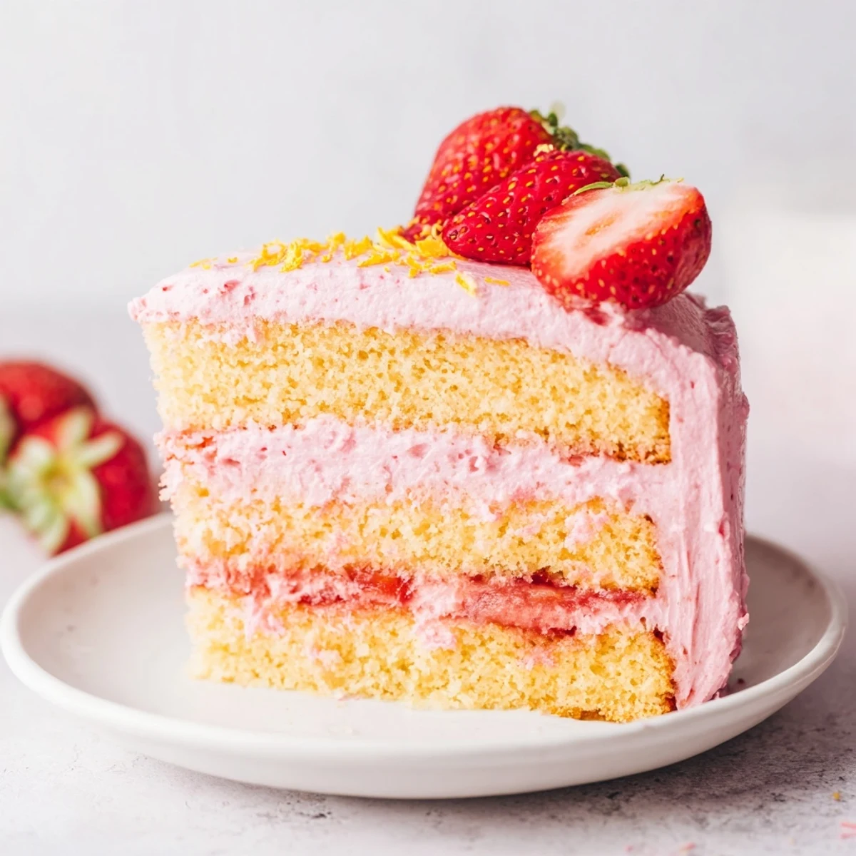 Overhead shot of Strawberry Lemonade Layer Cake featuring layered frosting, lemon slices, and berries, ideal for spring and summer celebrations.