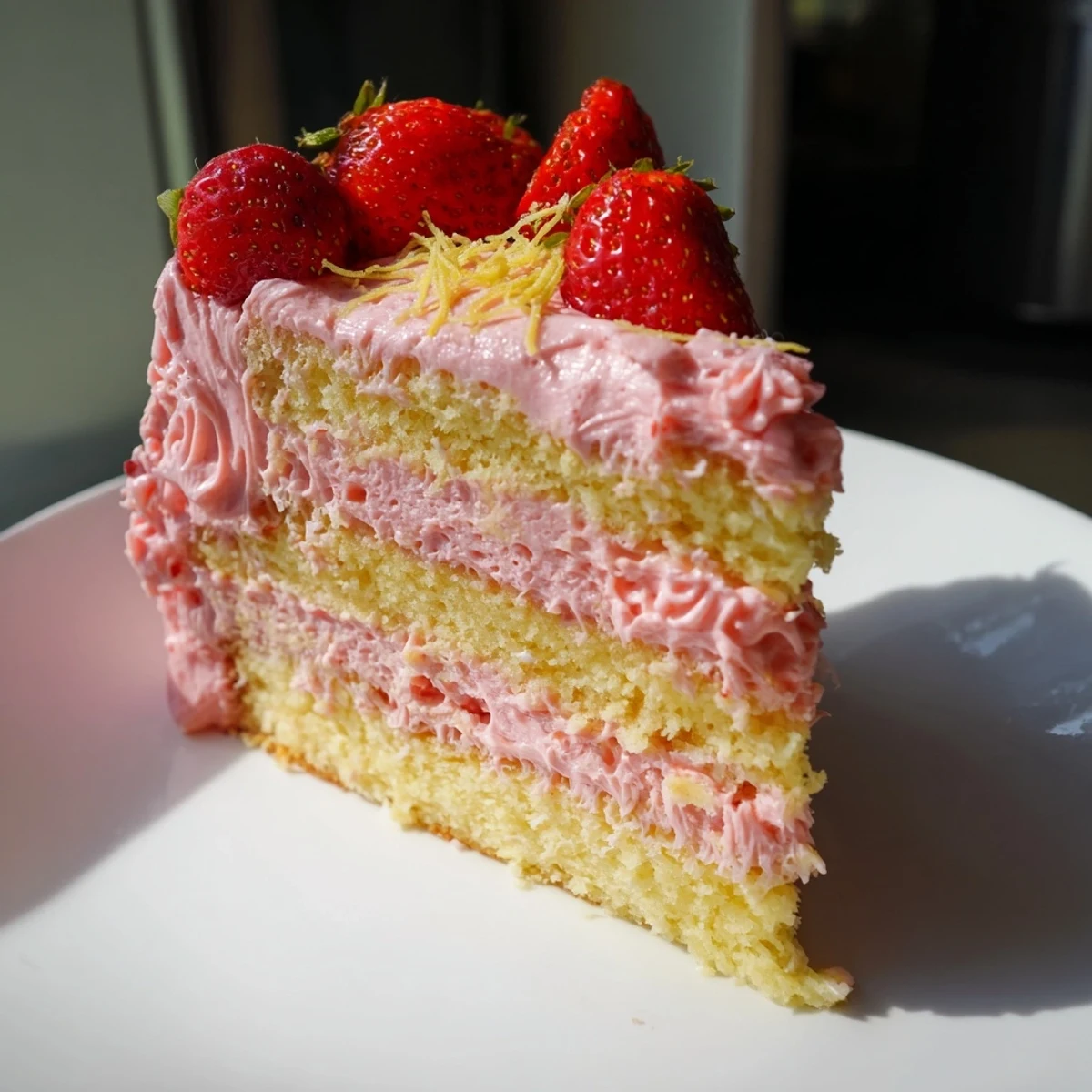 A close view of Strawberry Lemonade Layer Cake shows fresh strawberry halves and lemon zest garnish, with a slice ready to serve.