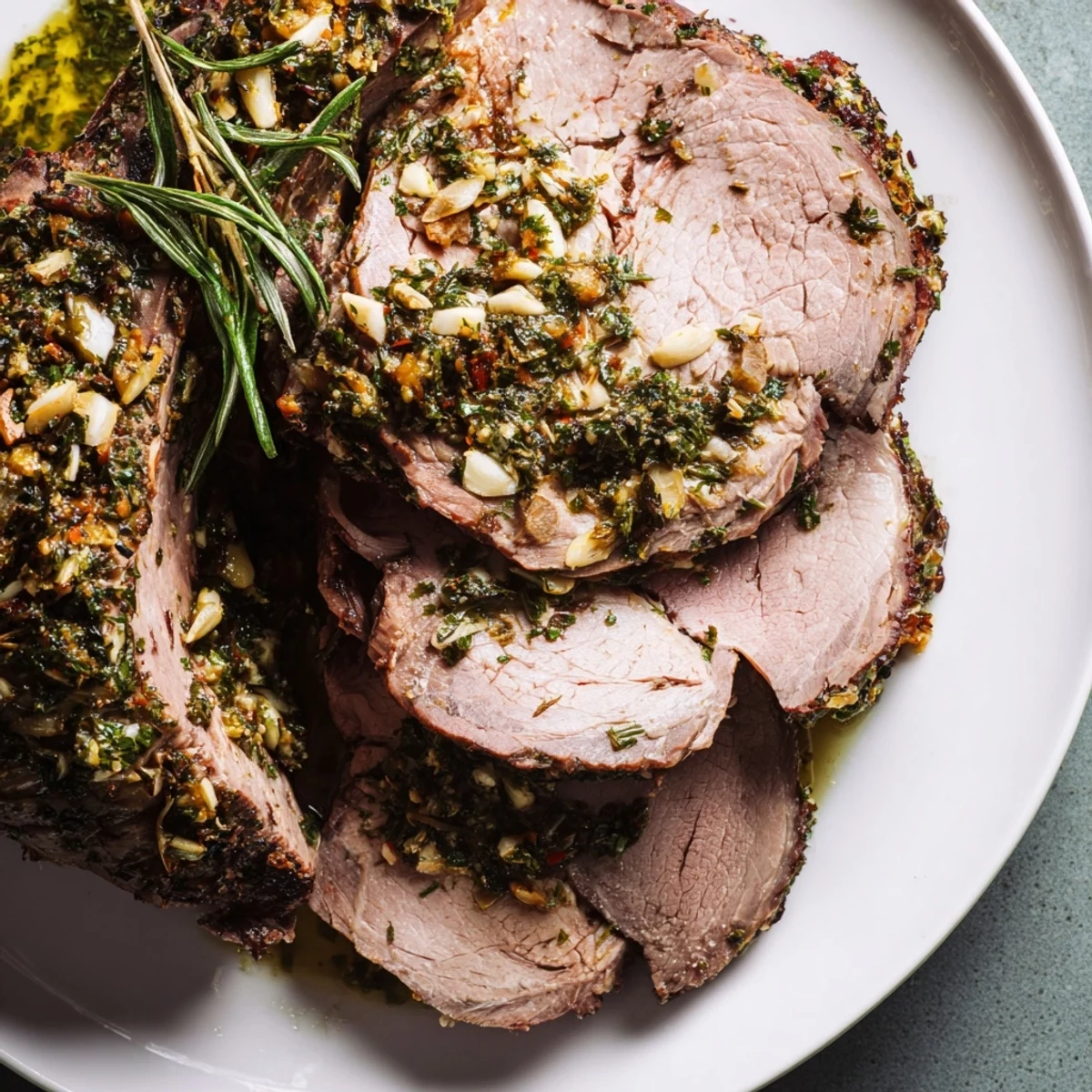 Tender roasted leg of lamb with aromatic mint sauce, served alongside roasted potatoes and seasonal vegetables.