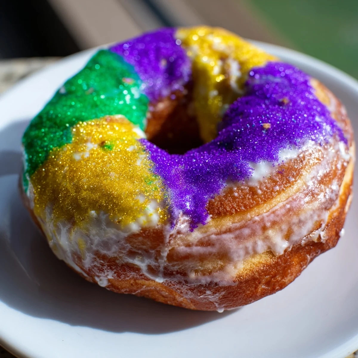 A close-up of golden-fried Mardi Gras King Cake Donuts with vibrant purple, green, and gold sugar sprinkles on a rustic board.