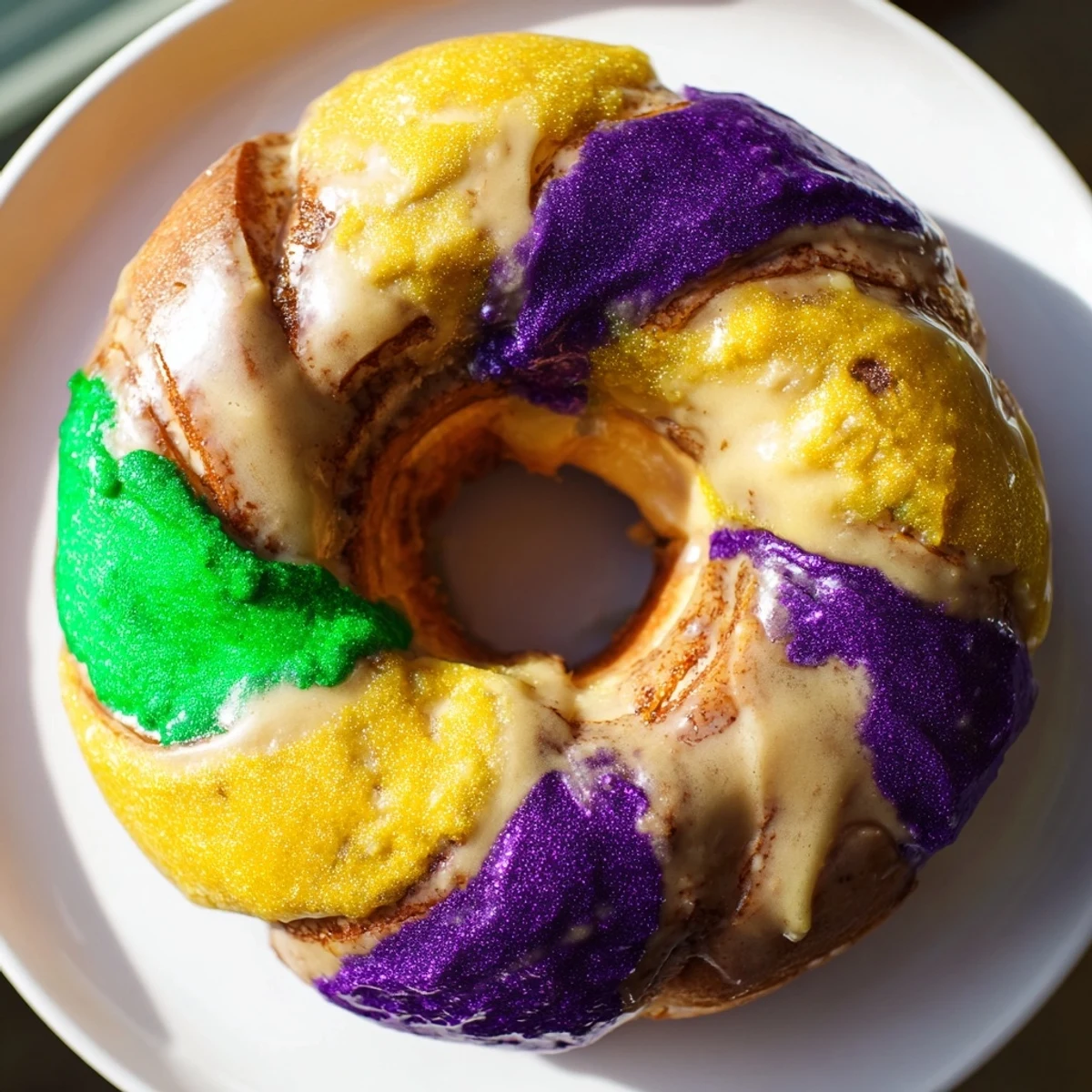 A platter of warm Mardi Gras King Cake Donuts decorated with colorful icing and sanding sugars, perfect for a festive celebration.