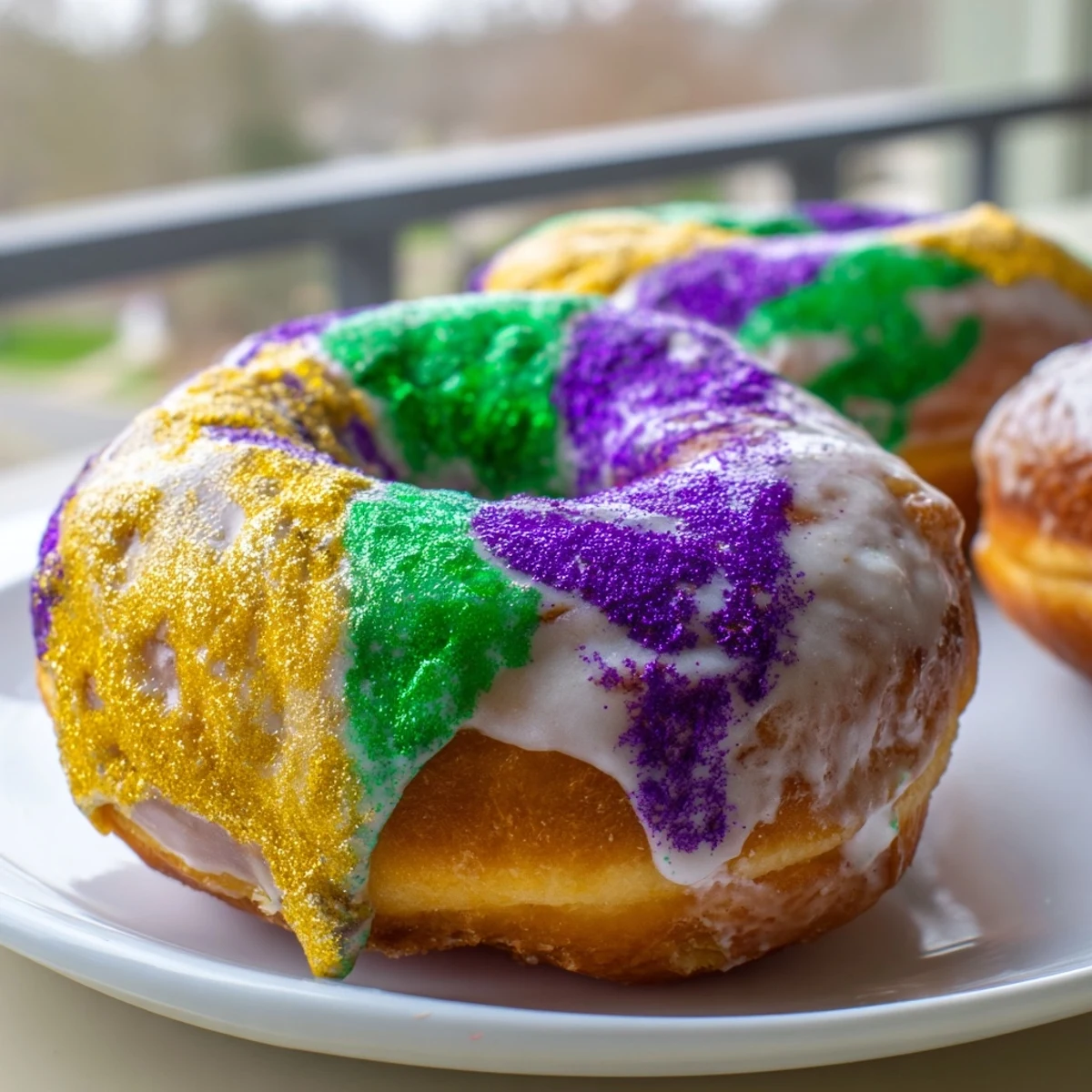 Freshly glazed Mardi Gras King Cake Donuts stacked on a plate, showing their pillowy texture and cinnamon-sugar filling in the center.