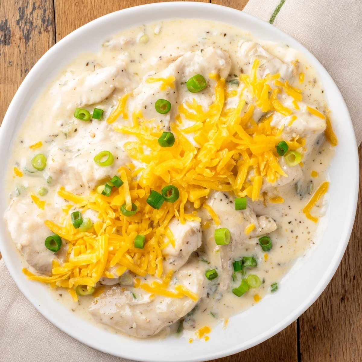 Serving plate with tender Sour Cream and Onion Chicken alongside steamed broccoli and mashed potatoes, perfect for a comforting family dinner.