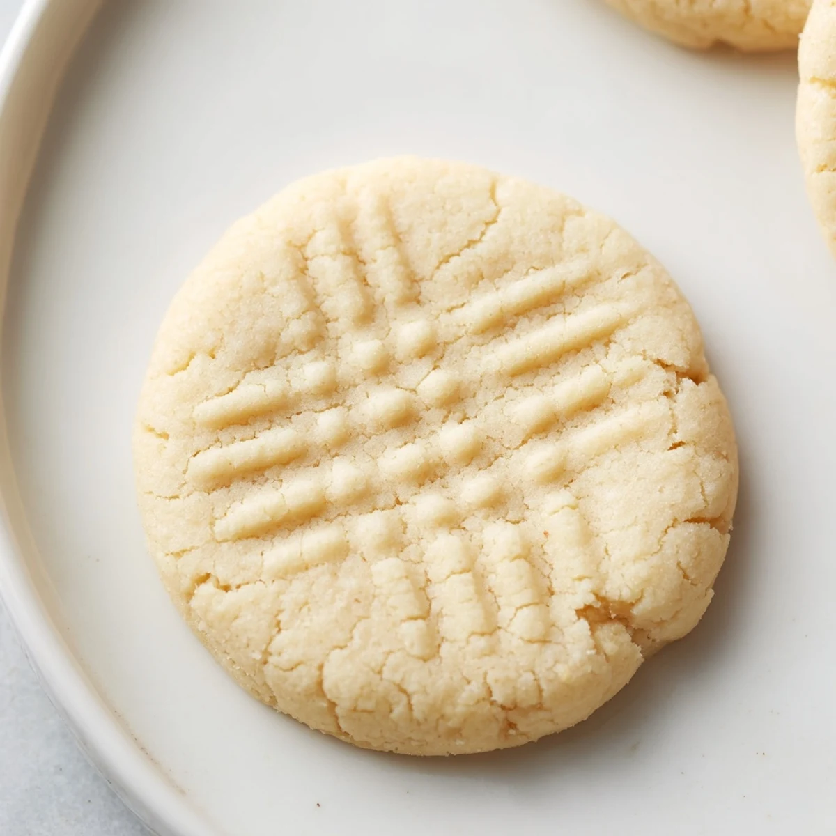 Golden-brown keto butter cookies with crisscross fork marks on a white plate, fresh from the oven.