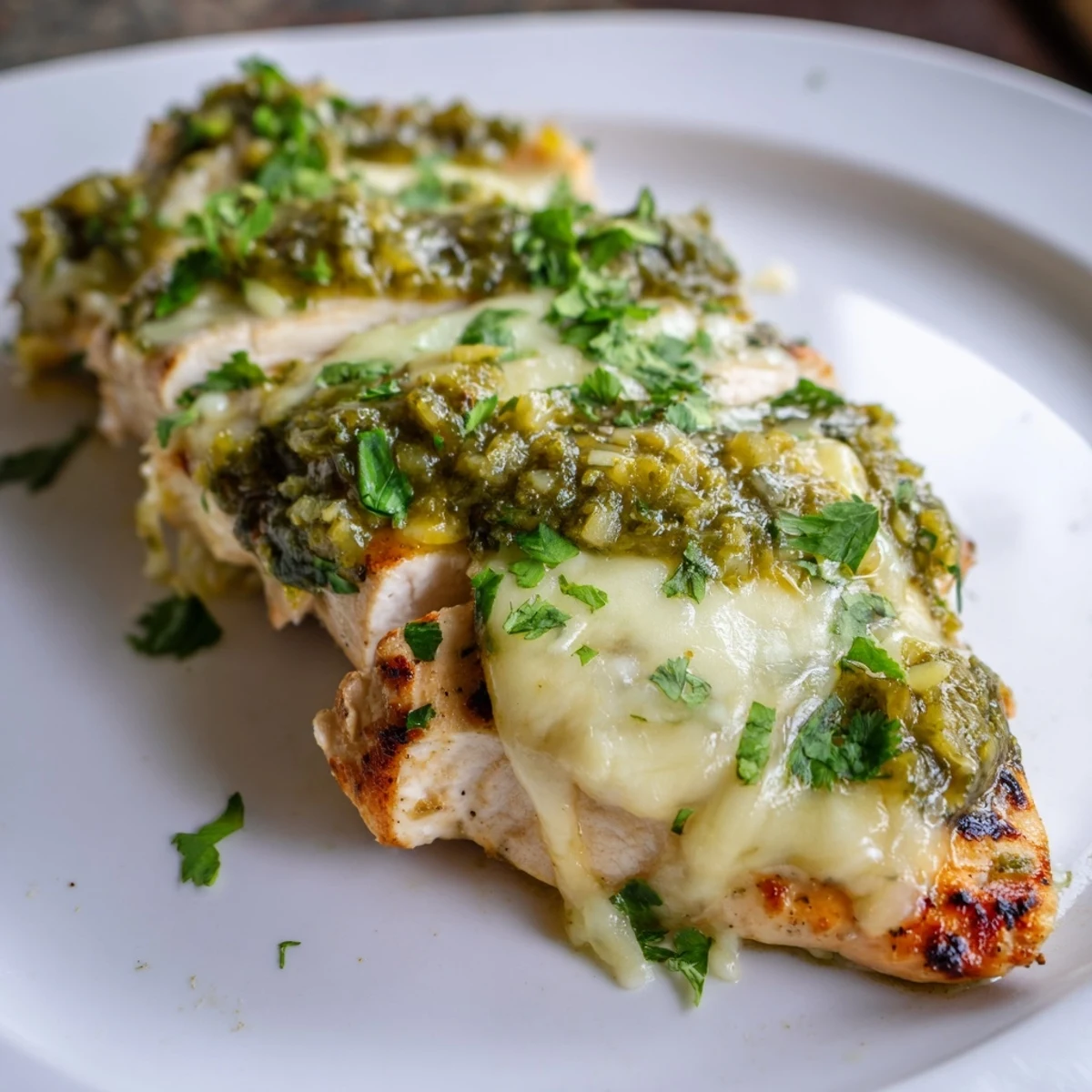 Juicy grilled Grilled Salsa Verde Pepper Jack Chicken with melted cheese and fresh cilantro garnish.