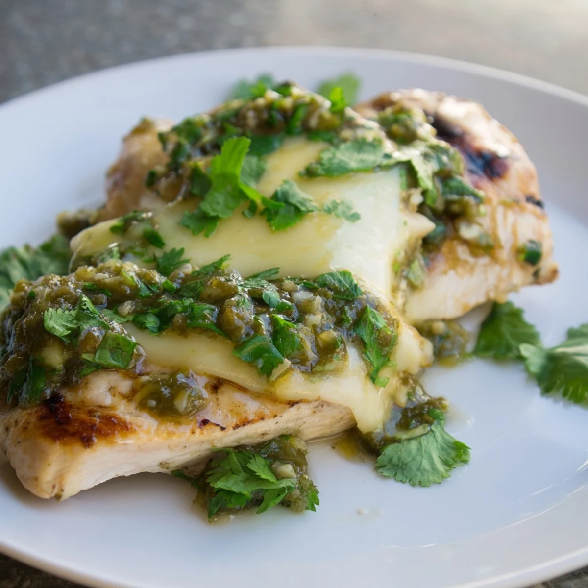 Tender Grilled Salsa Verde Pepper Jack Chicken served with lime wedges, avocado slices, and diced tomatoes.