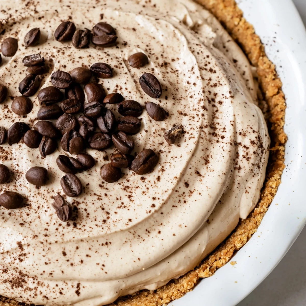 A slice of Keto Cold Brew Coffee Pie reveals a creamy, chilled filling in an almond flour crust with a whipped topping garnish.