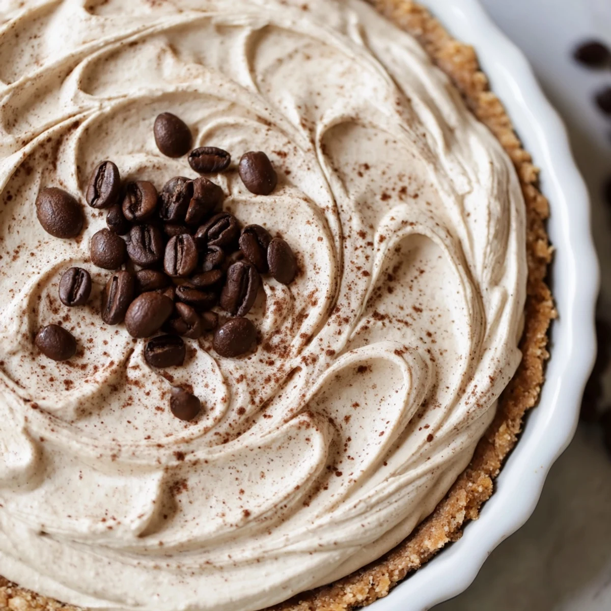A close-up of Keto Cold Brew Coffee Pie highlights the rich coffee cream filling and crisp low-carb crust on a rustic table.