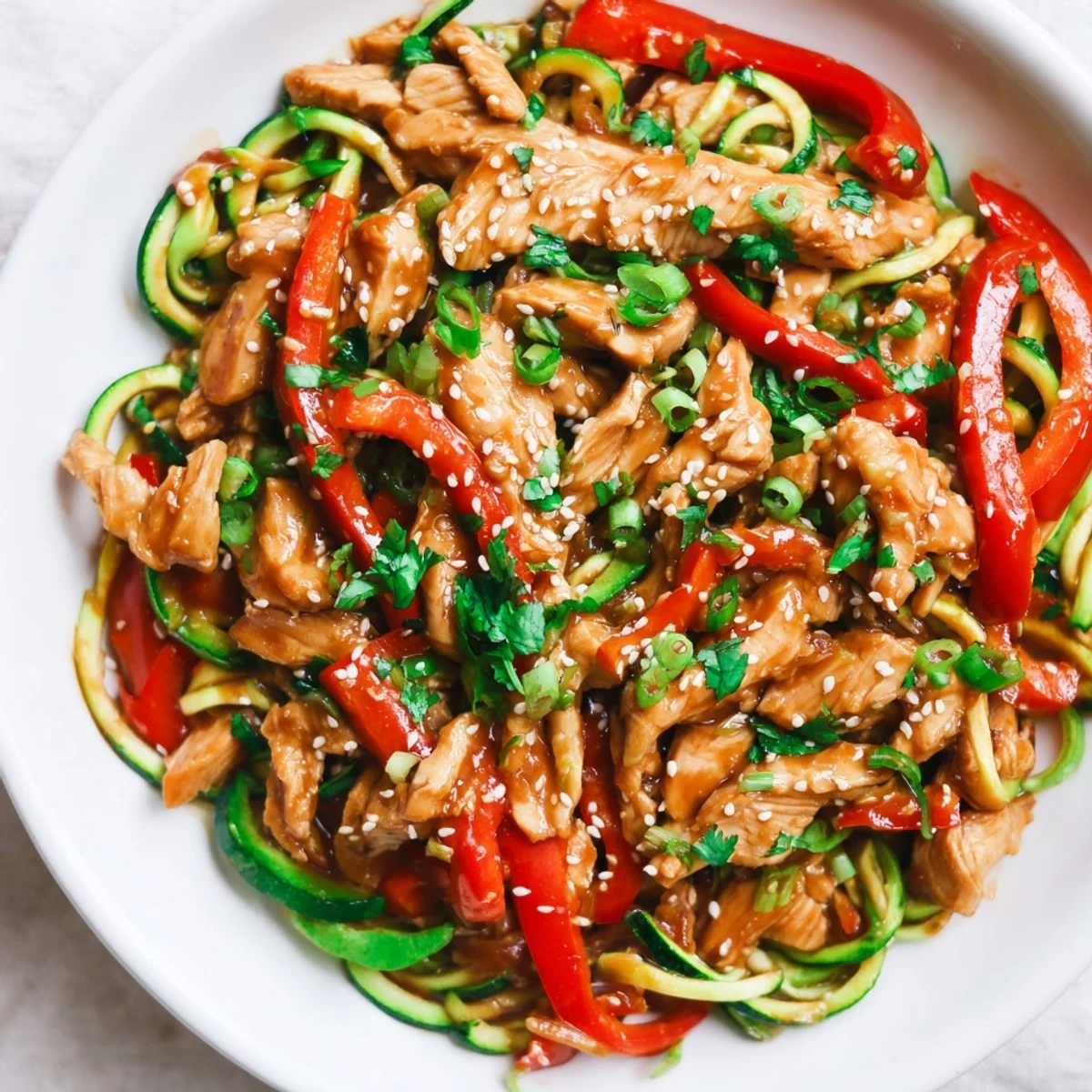 A close-up of Garlic Chicken Zucchini Noodles Stir Fry with vibrant red peppers and snap peas, garnished with sesame seeds.