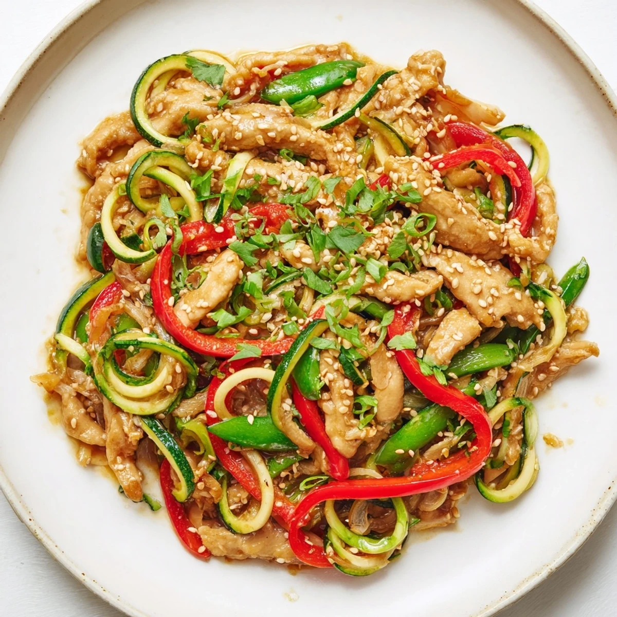 Tender chicken and green zucchini noodles tossed in a glossy garlic sauce, served hot for a healthy low-carb dinner.