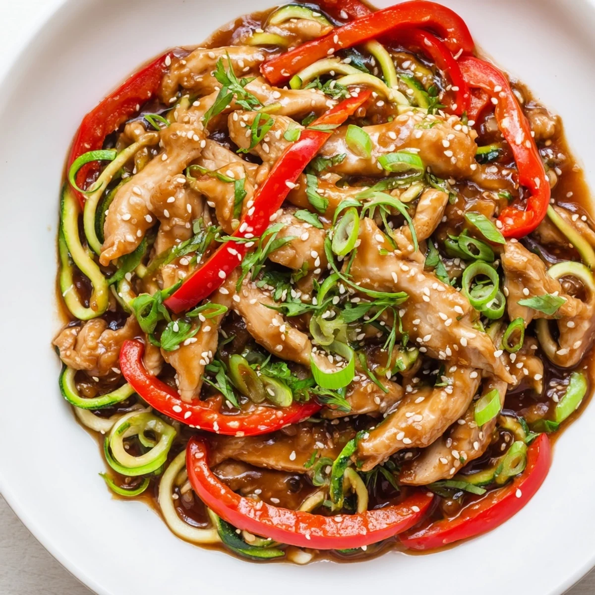 Garlic Chicken Zucchini Noodles Stir Fry in a skillet, featuring fresh herbs and a savory aroma ready to serve.