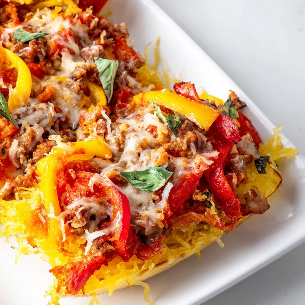 Golden roasted spaghetti squash strands mix with browned Italian sausage and colorful bell peppers in a baked casserole dish topped with bubbly melted mozzarella and fresh basil.