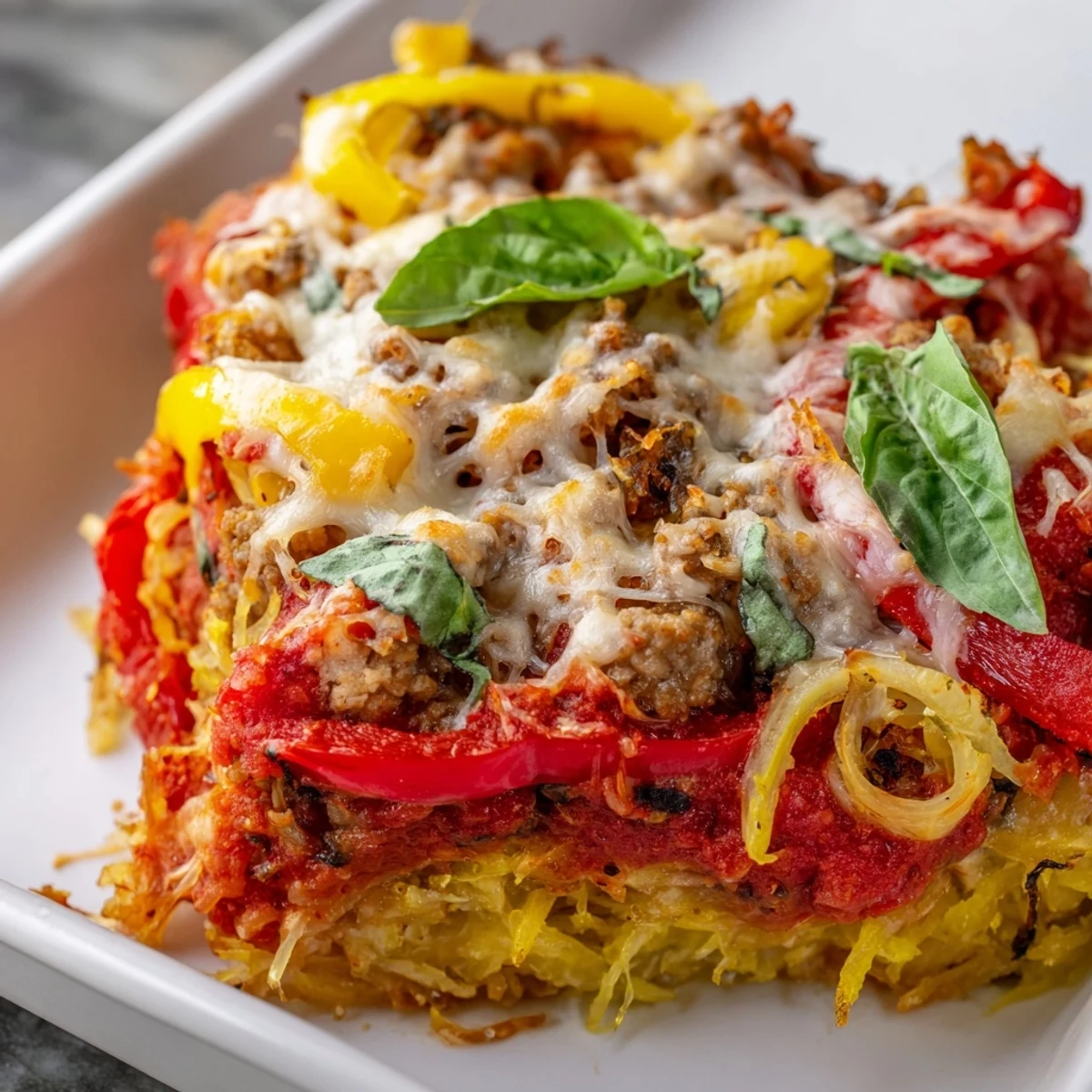 A close-up of the Sausage and Peppers Spaghetti Squash Casserole shows rich tomato sauce and savory sausage crumbles coated on tender spaghetti squash noodles with golden cheese.