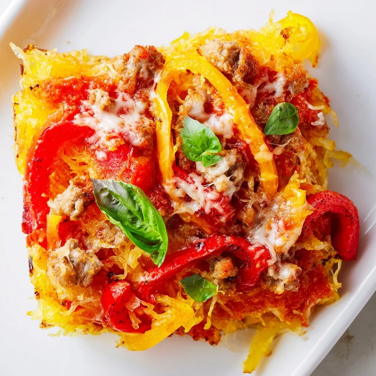 Serving the low-carb Sausage and Peppers Spaghetti Squash Casserole from a baking dish, featuring vibrant red and yellow peppers and a garnish of fresh green basil.