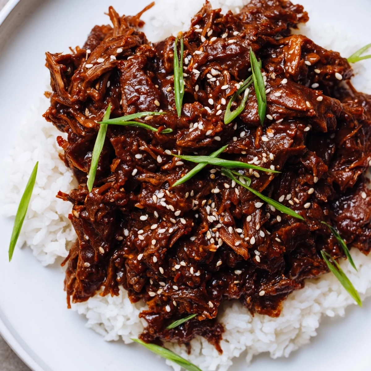 Slow Cooker Korean Beef served over fluffy white rice with green onions and sesame seeds.