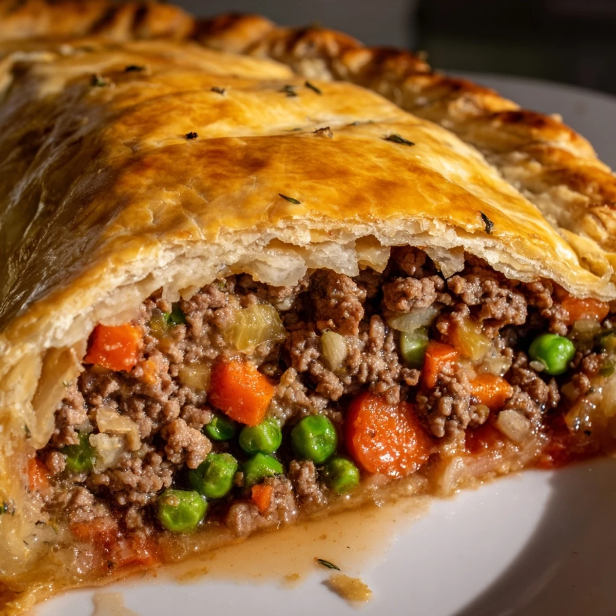 A close-up shows a hand lifting a warm Savory Beef Meat Pie with a fork, steam rising gently.  
