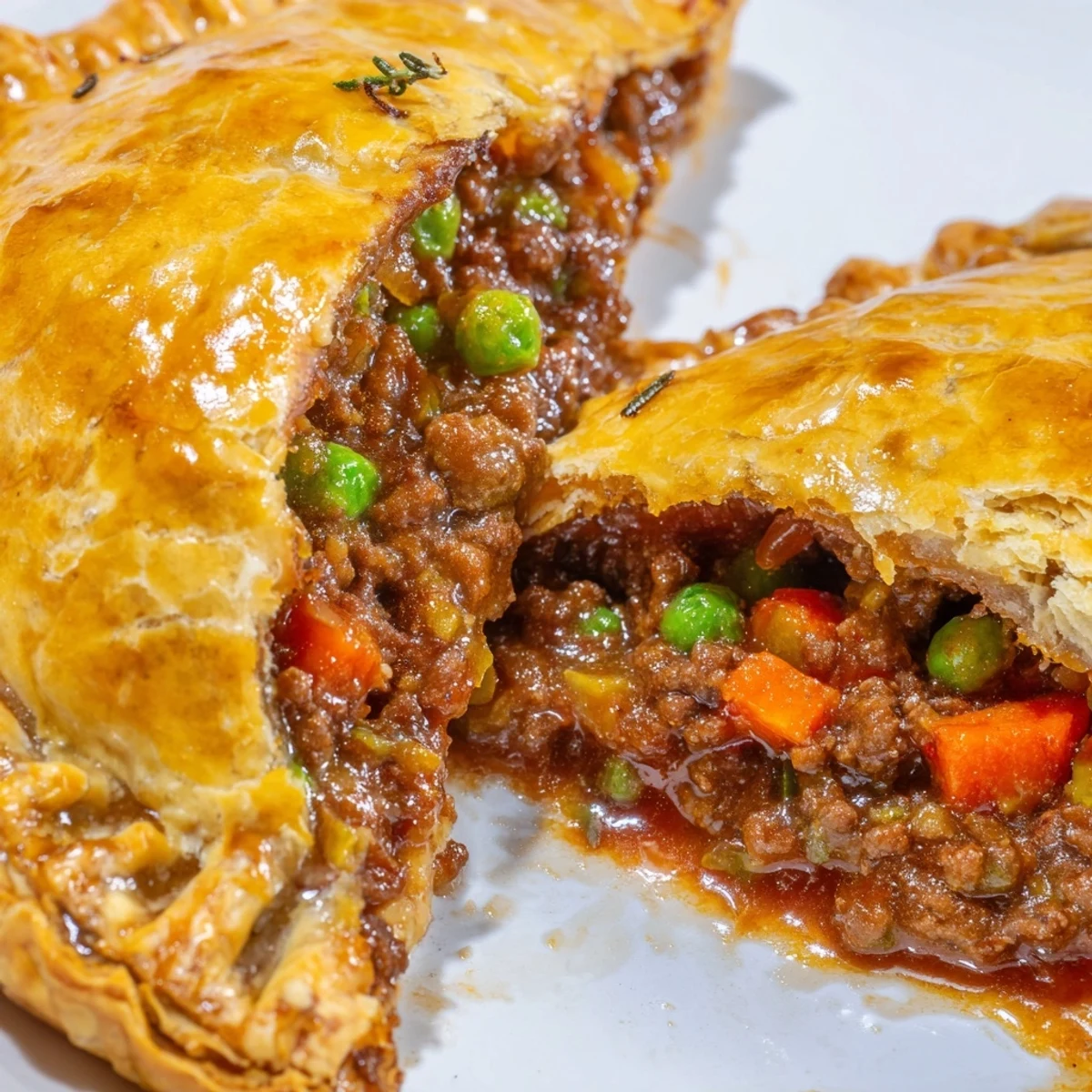 Six golden, flaky Savory Beef Meat Pies rest on a rustic wooden board, showcasing their hearty filling.  