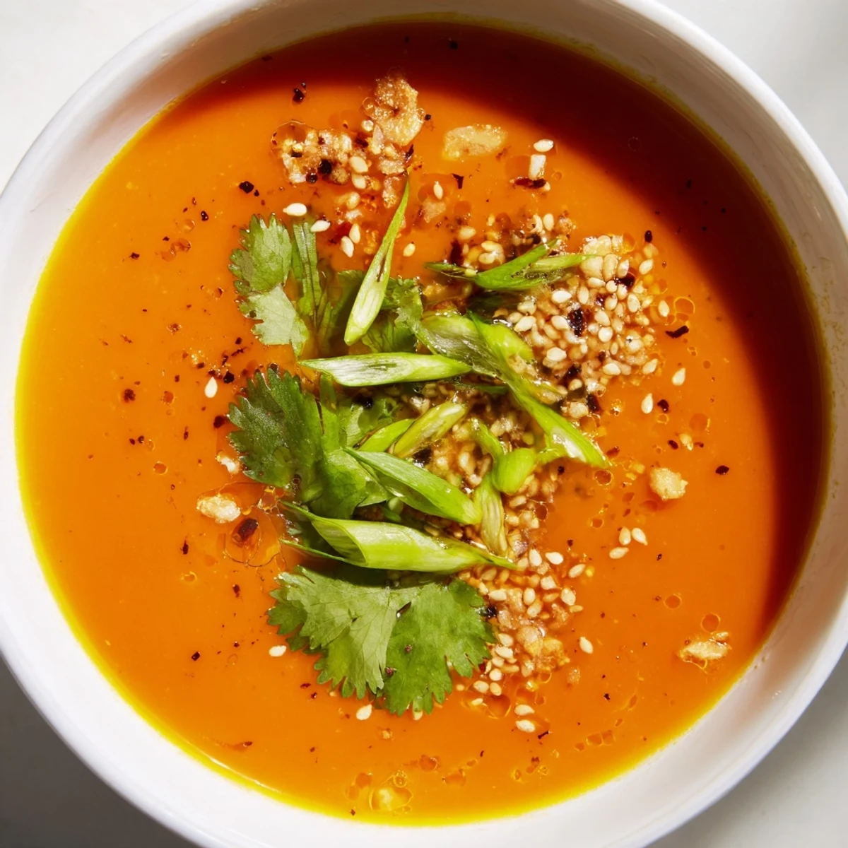 A steaming bowl of Spicy Miso Carrot Soup garnished with fresh cilantro, sliced spring onions, and toasted sesame seeds, ready to serve.