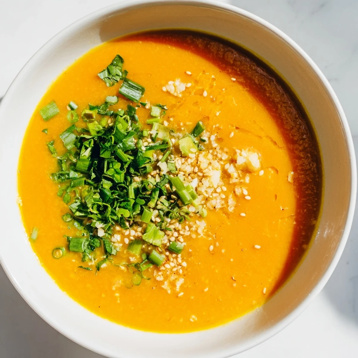 Spicy Miso Carrot Soup in a rustic ceramic bowl with a ladle nearby, highlighting its smooth, vibrant orange texture and aromatic steam.