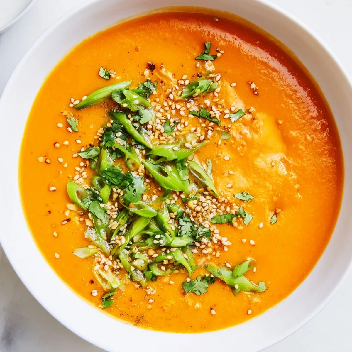 Close-up view of Spicy Miso Carrot Soup, showcasing its creamy consistency and garnishes, perfect for a cozy vegan meal.