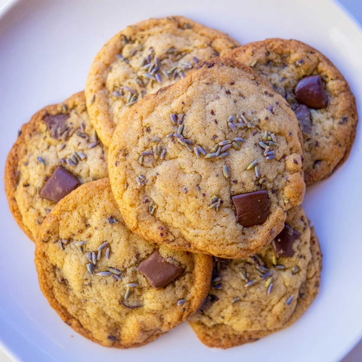 Freshly baked lavender chocolate chip cookies on a wire rack, showing golden edges and melted chocolate chips for a sweet treat.