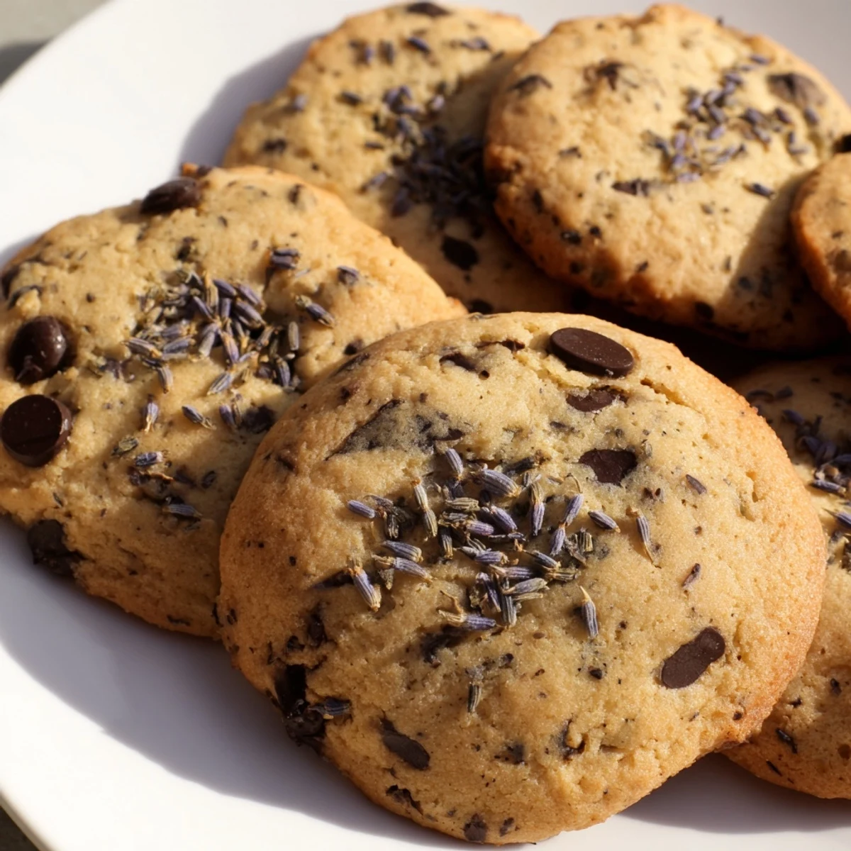 Warm lavender chocolate chip cookies arranged on a baking sheet, perfect for serving with afternoon tea or as a unique gift.
