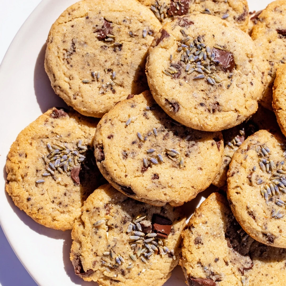 A close-up of lavender chocolate chip cookies with visible floral lavender specks, served on a rustic wooden platter for dessert.