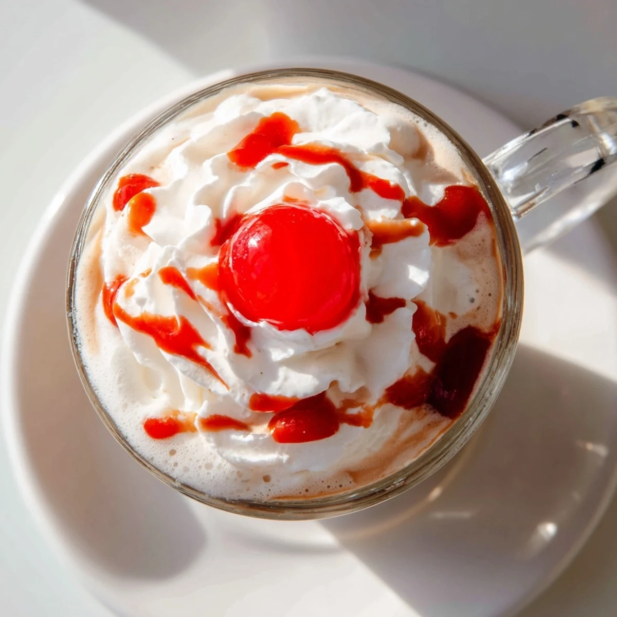 Steamed milk froth crowns a glass of homemade Viral Cherry Vanilla Latte with a maraschino cherry on top.  