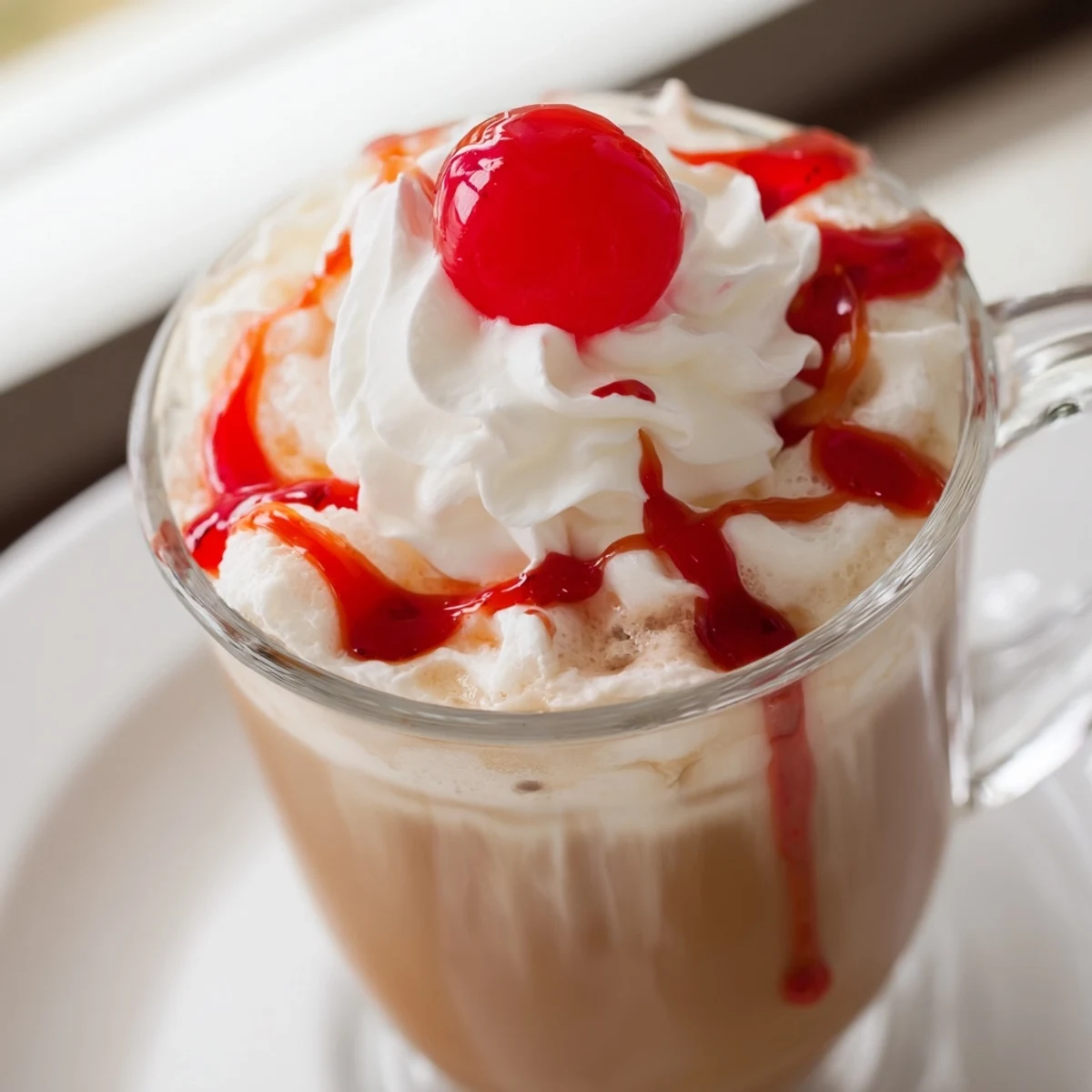 Drizzled cherry syrup swirls through creamy espresso in a rustic mug for the Viral Cherry Vanilla Latte.  