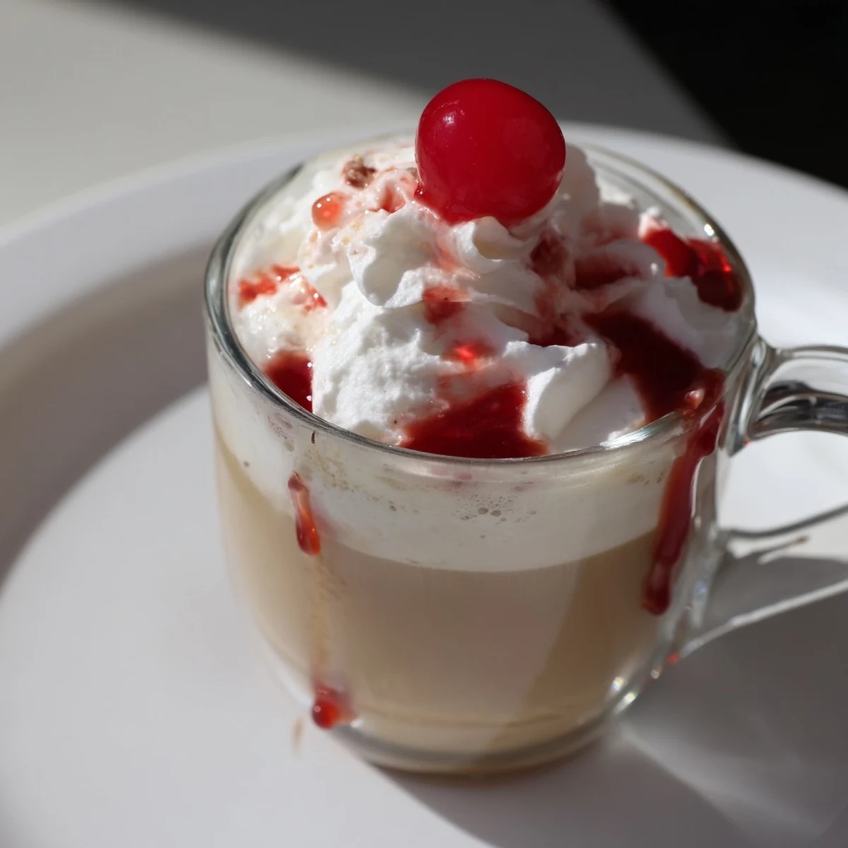 A frothy Viral Cherry Vanilla Latte garnished with whipped cream and a fresh cherry, served on a wooden table.