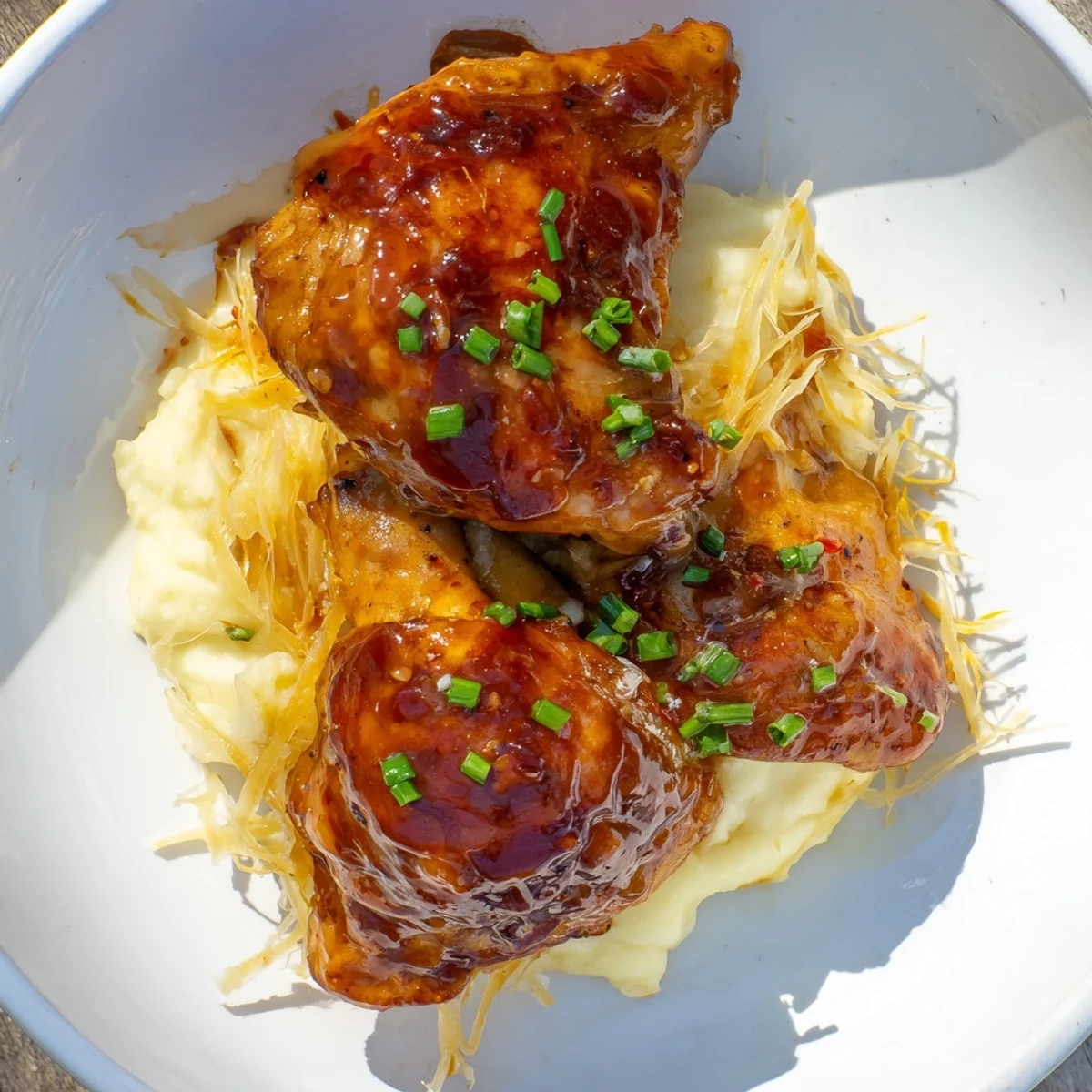 Golden-brown chipotle honey chicken thighs with smoky gouda mashed potatoes garnished with fresh chives on a rustic plate.  