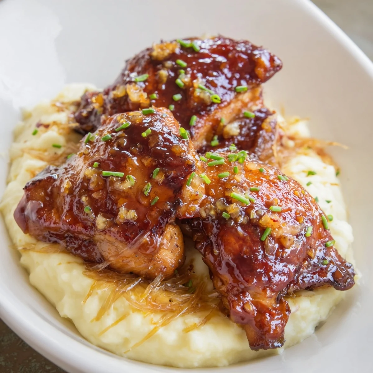 A comforting bowl of chipotle honey chicken thighs over buttery smoked gouda potatoes, perfect for a weeknight dinner.