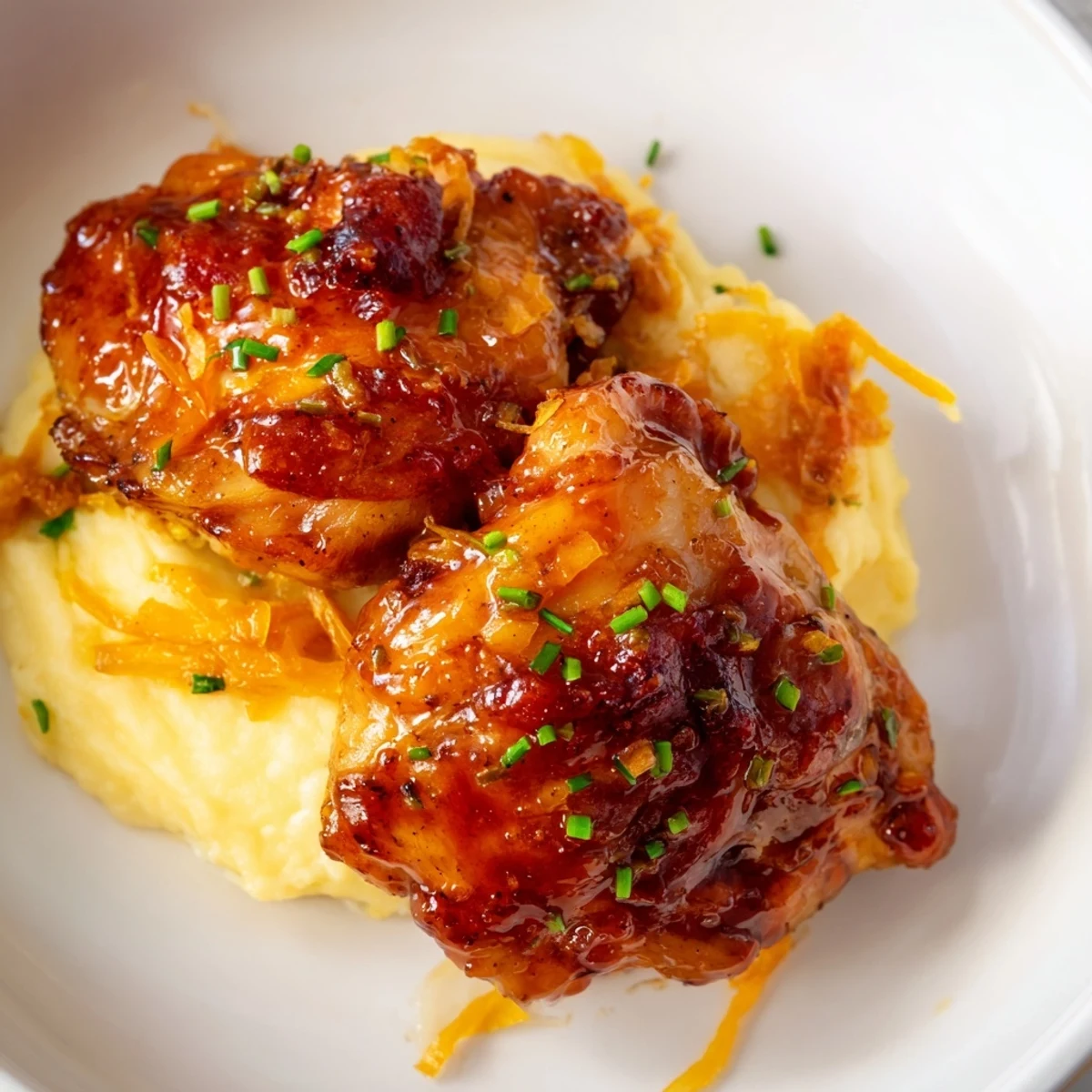 Close-up of glazed chipotle honey chicken thighs served beside creamy smoked gouda potatoes with a drizzle of honey.  