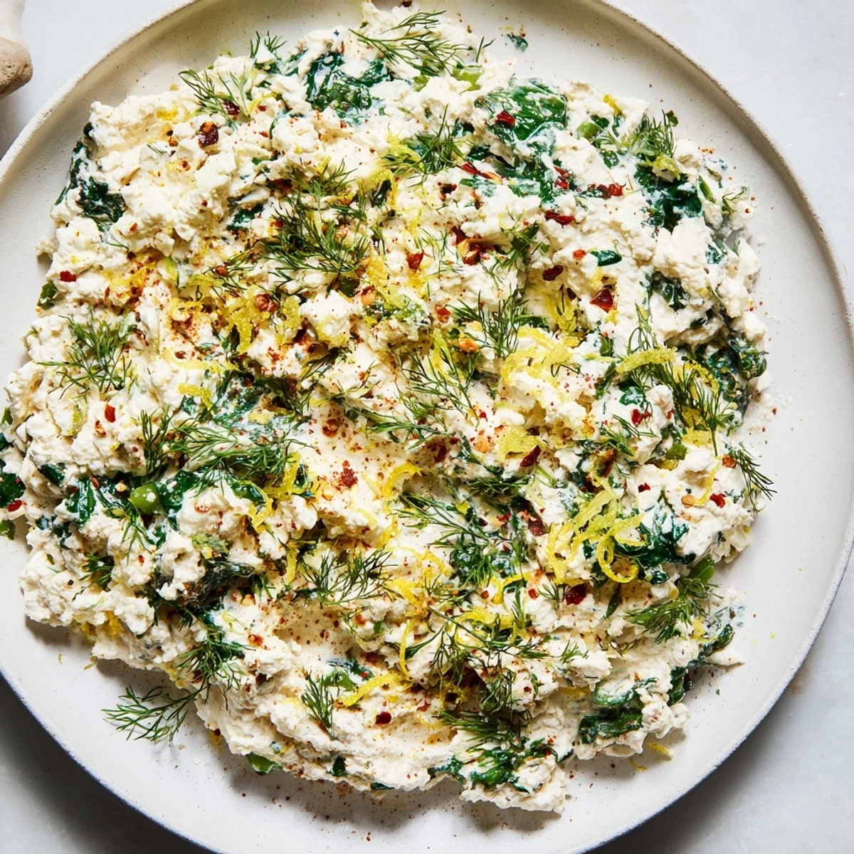 A close-up of Spinach and Pepperoncini Baked Feta Dip, with bubbly golden feta and bright green spinach in a rustic ceramic dish.