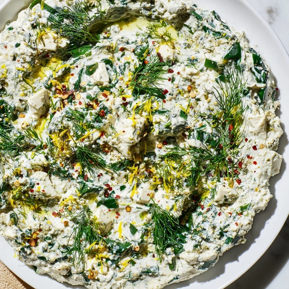 Bubbling hot Spinach and Pepperoncini Baked Feta Dip fresh from the oven, with sliced pepperoncini and melted cheese ready to serve.