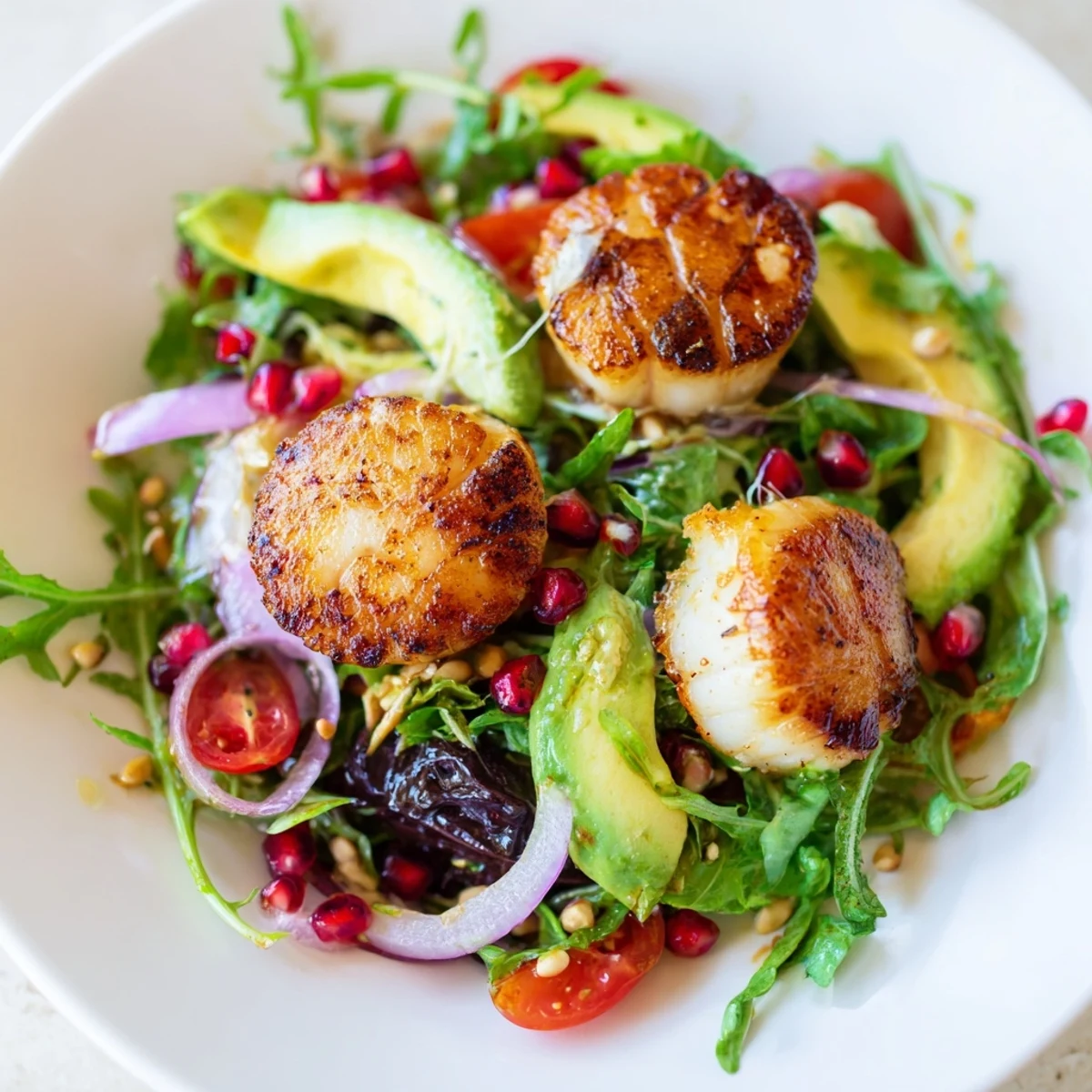 Perfectly seared Pan Seared Scallops sit atop a bed of crisp mixed greens and cherry tomatoes.