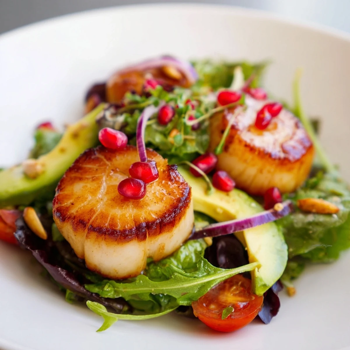 A plated serving of Pan Seared Scallops with vibrant greens and a tangy citrus vinaigrette.