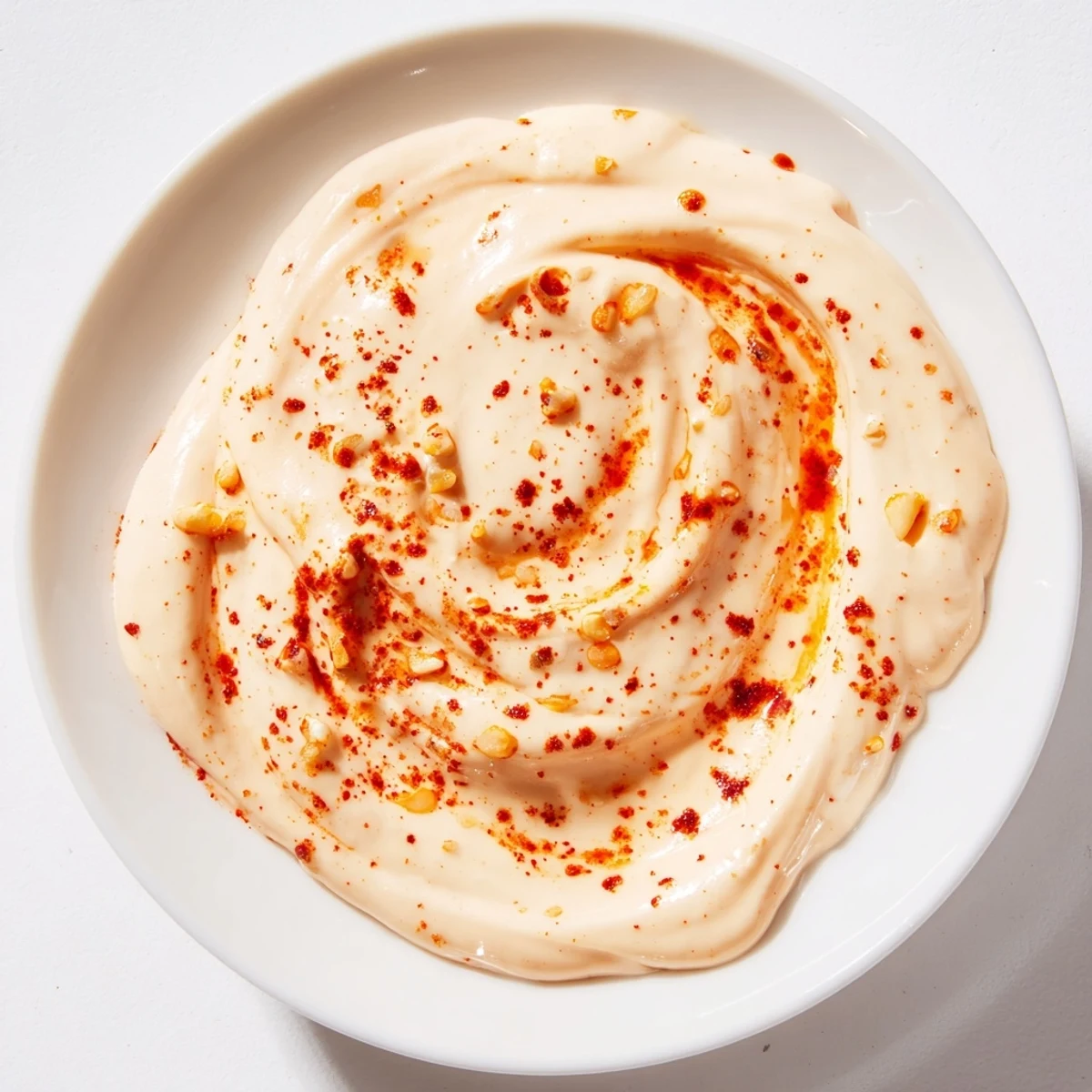 A bowl of creamy Spicy Aioli with minced garlic, paprika, and Sriracha, served for dipping fries or drizzling over grilled chicken.